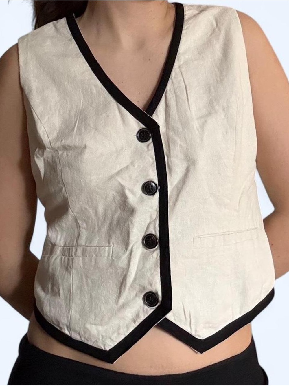 Tahari Cream & Black Contrast Sleeveless Trim Linen Vest – Size M